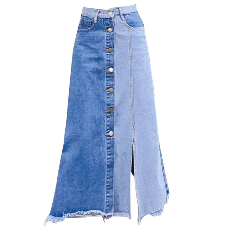 

High Waist New Denim Skirts Single Breasted Button Fringe Jeans Skirt Women