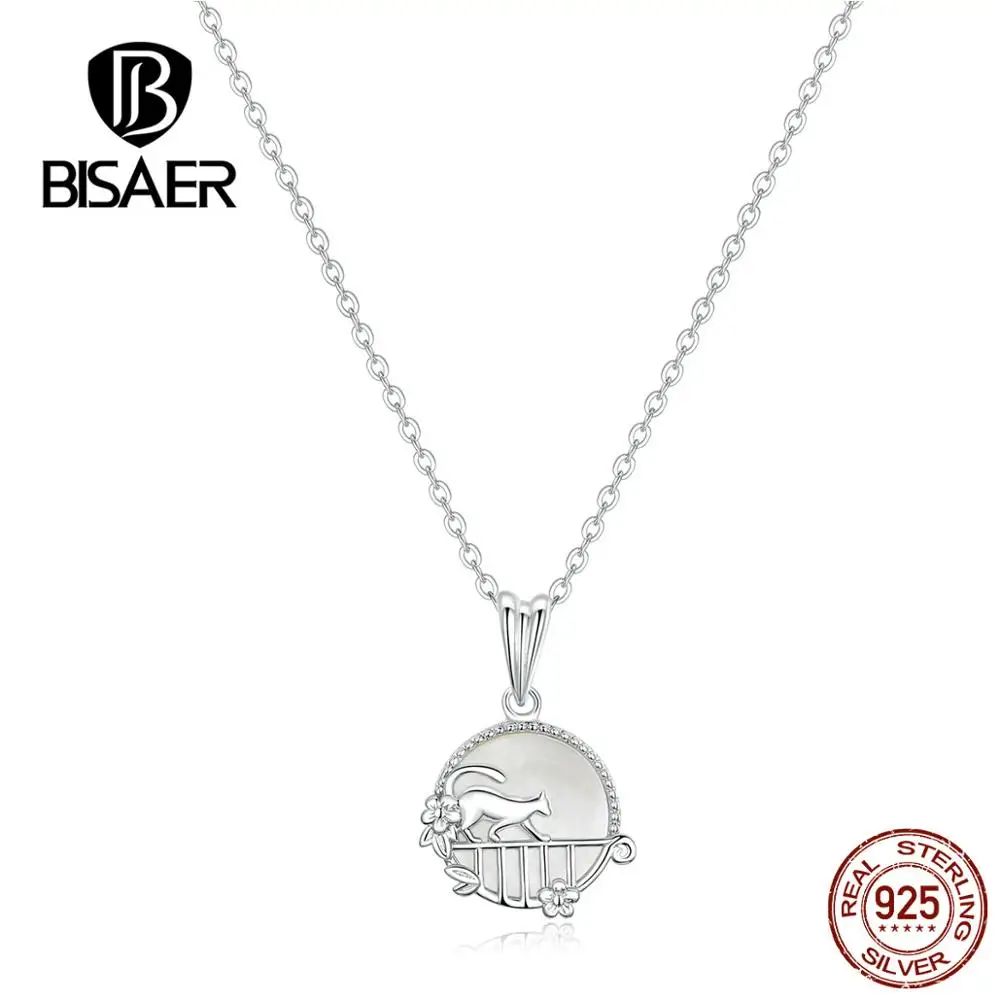 

BISAER Unique Design 925 Sterling Silver Kitty In The Moon Pendant Necklace For Women Wedding Wedding Elegant Jewelry GXN334