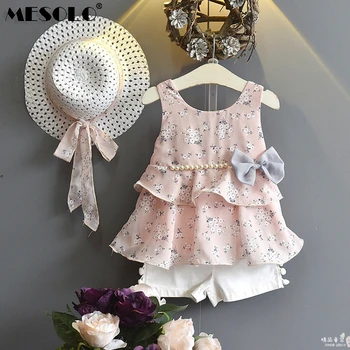 

Girls Clothing Sets 2019 Summer Kids Clothes Floral Chiffon Halter+Embroidered Shorts Straw Children Clothing