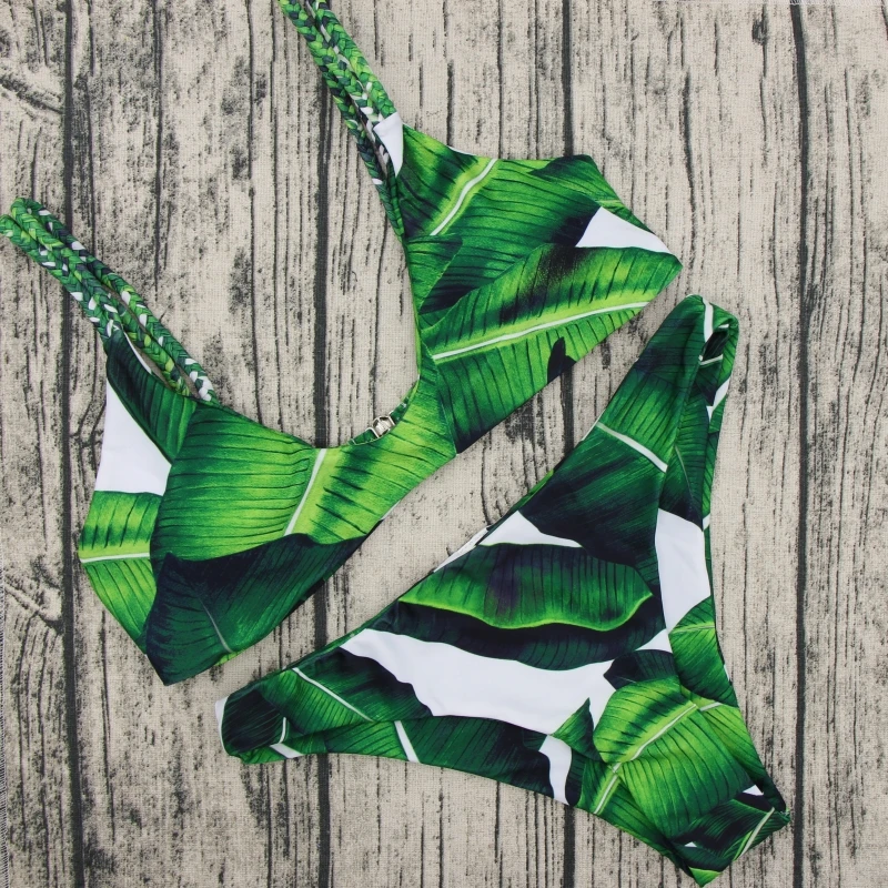 

2018 Retro Swimsuit Women Swimwear palm leaf print Bikini Bathing Suit Bandage Brazilian Beachwear bikini short Plus Size XXL