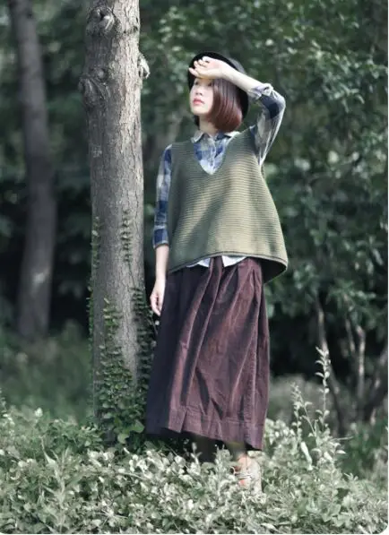 Literature Plus Size Style Corduroy Skirt Mid-length Vintage Loose A-line Type Skirt Elastic Waist Pleated Bubble Long Skirt 6