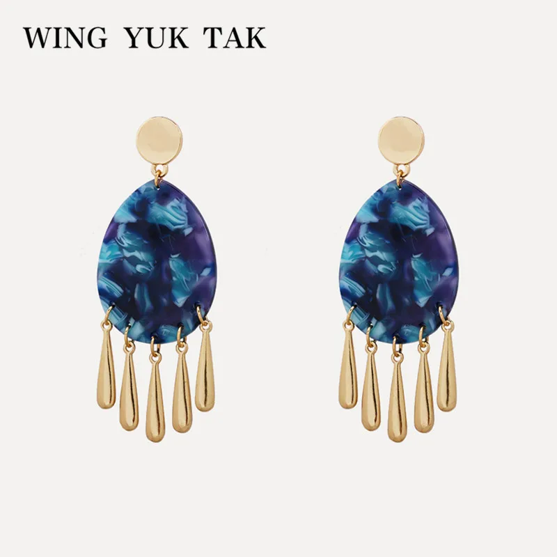 

Bohemia Blue Acrylic Water Drop Earrings 2018 New Fashion Gold Tassel Earrings for Women Hot Sale wing yuk tak Charm Jewelry