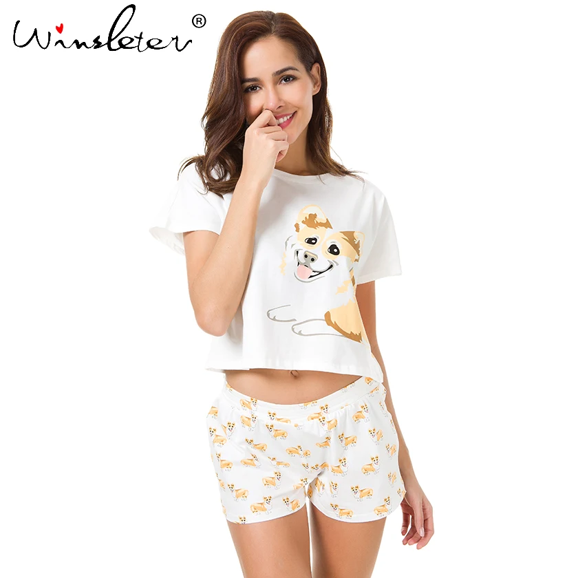 Corgi Pajamas Women Cute Dog Print Crop Top + Shorts 2