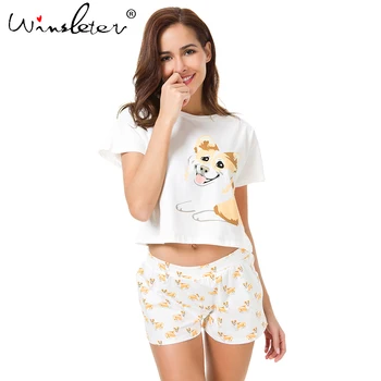 

Corgi Pajamas Women Dog Print Crop Top Shorts 2 Pieces Set Cotton Pajamas Loose Elastic Waist pyjamas S61004