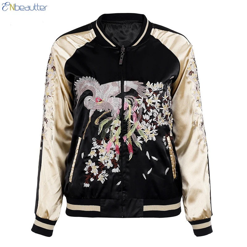 ENbeautter Autumn Crane Embroidery Floral Jacket Coat Retro Reversible