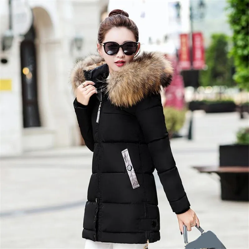 New 2018 Winter Jacket Women Coats Artificial raccoon hair collar Female Parka black Thick Cotton Padded Lining Ladies Coats