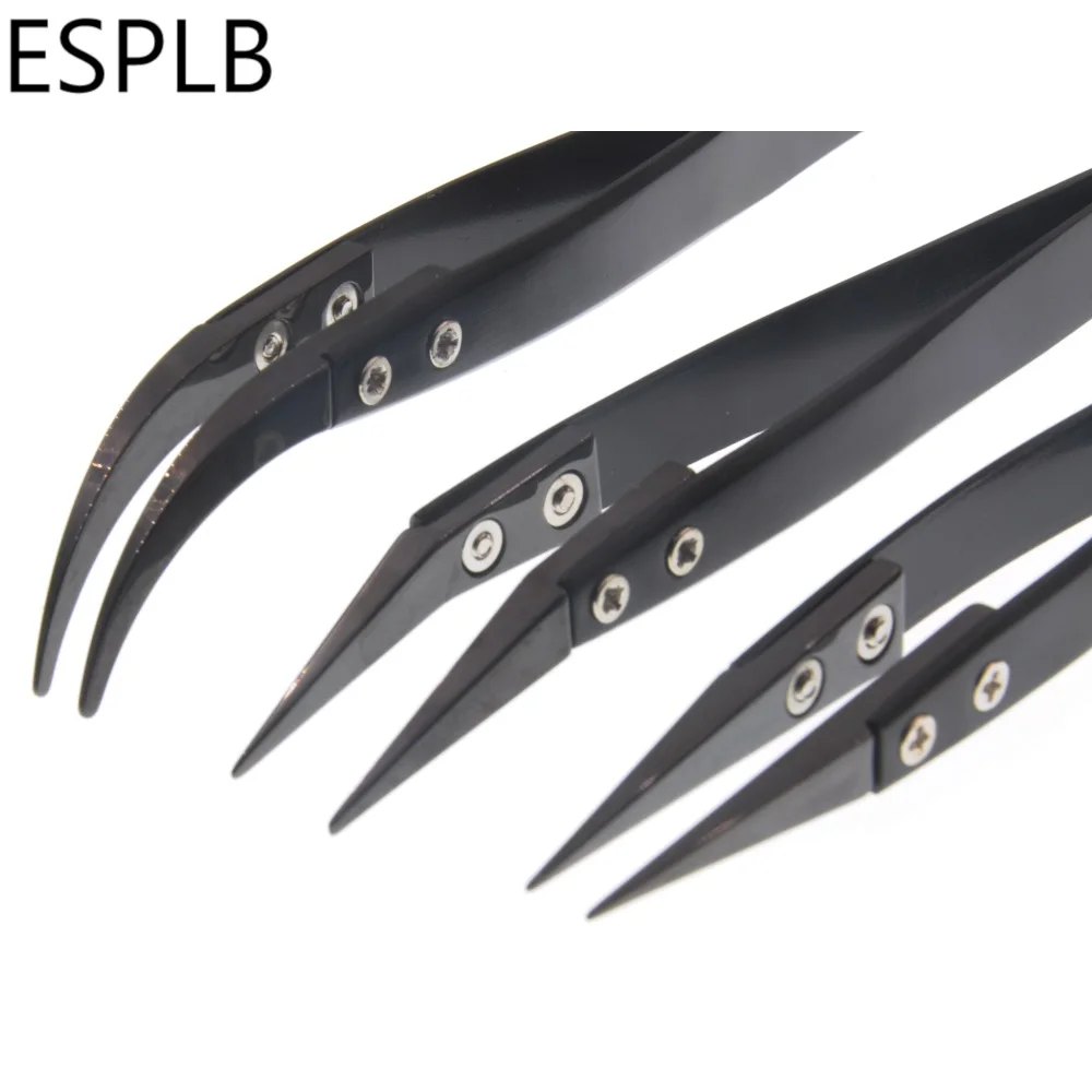 Precision Tweezers ESD Anti Static Tweezers Ceramic Tweezers Precision Black Ceramic Stainless Steel Curved Straight Tip Pointed Coil Heat Resistant Antistatic
