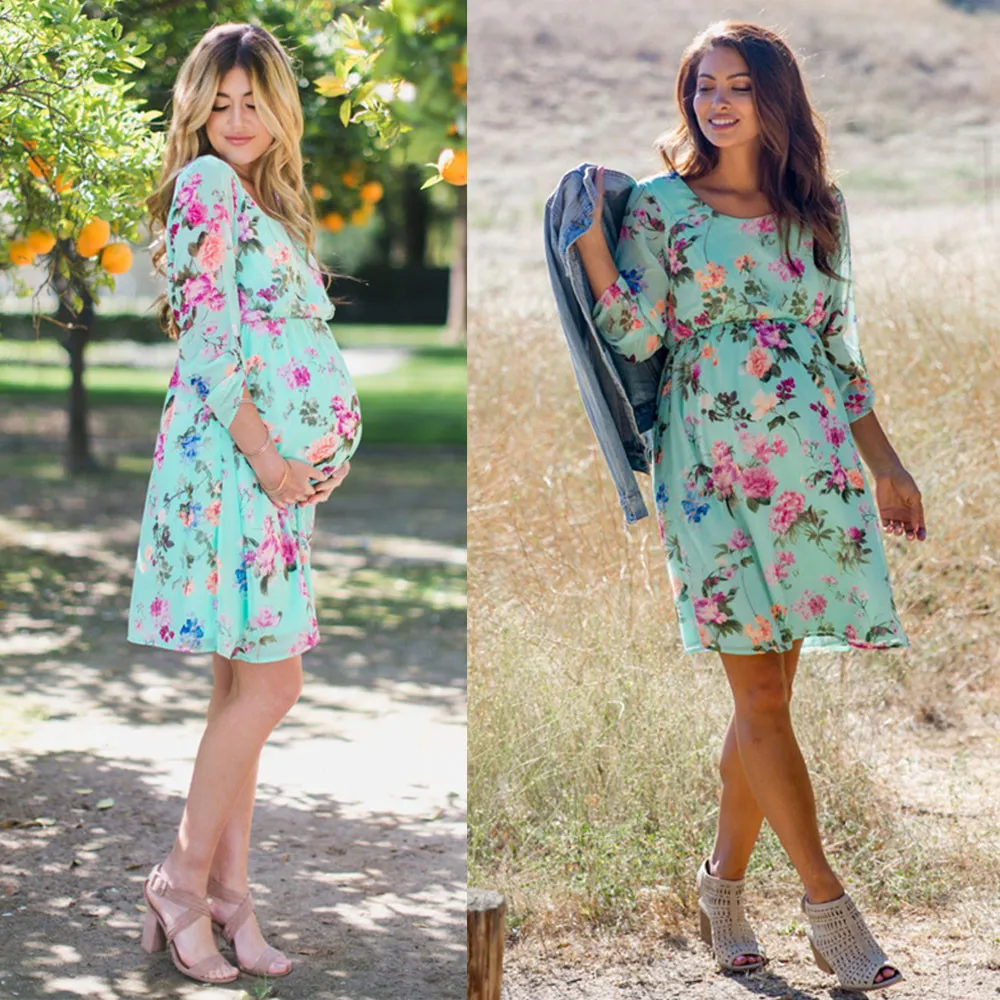 

Telotuny Women's Maternity Dress Pregnant Womens Nursing Nightgown Pregnancy Floral Printed Clothes Chiffon Dress #40