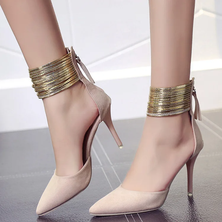 Г., Демисезонные женские туфли-лодочки из флока с острым носком Модные вечерние туфли на очень высоком каблуке с металлическим ремешком женская обувь на каблуке - Цвет: Розовый