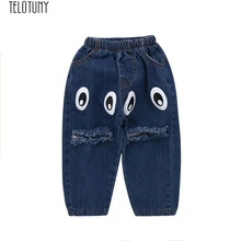 TELOTUNY Штанишки для малышей футболка для маленьких детей, для мальчиков и девочек с принтом «глаза» из джинсовой ткани Рваные джинсы брюки для девочек; брюки; одежда для детей; детские штаны; модные NewDec11