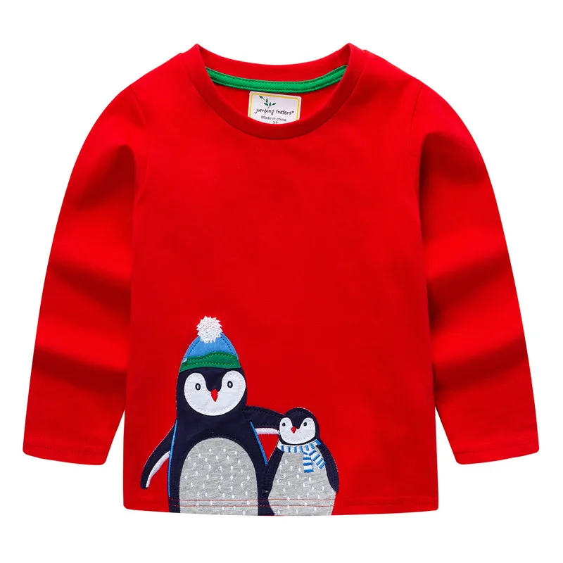 

Jumping meters new red baby girl clothes t shirts cotton long sleeve tees penguin applique animals children clothes tops t shirt