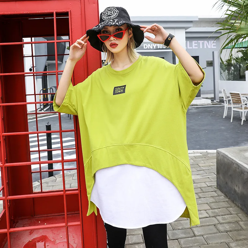 

Johnature False Two-piece 5 Colors Tops Summer Women New Patchwork Half-sleeve Loose Streetwear 2019 Irregular Women T-shirts