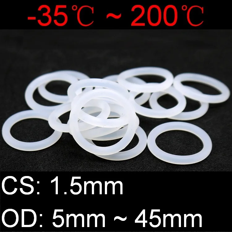 

10pcs VMQ O Ring Seal Gasket Thickness CS 1.5mm OD 5~ 45mm Silicone Rubber Insulated Waterproof Washer Round Shape White Nontoxi