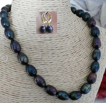 

12- 13mm Tahitian black green multicolor baroquepearl necklace 18earring set