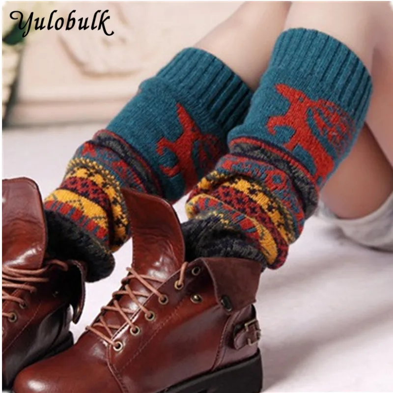 

Womens Fashion Winter Knit Crochet Knitted deer Leg Warmers Legging Boot Cover Contrast Color Gaiters Boot Cuffs