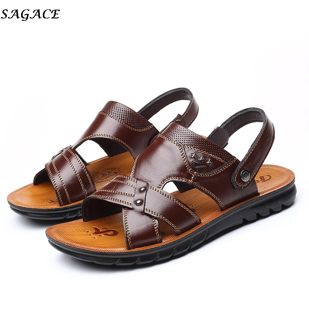 

SAGACE Men Shoes Leather Flip Flops Men Roman Outdoor Beach Shoes 2019 New Summer Brand Casual non-slip Sandals plus size #30