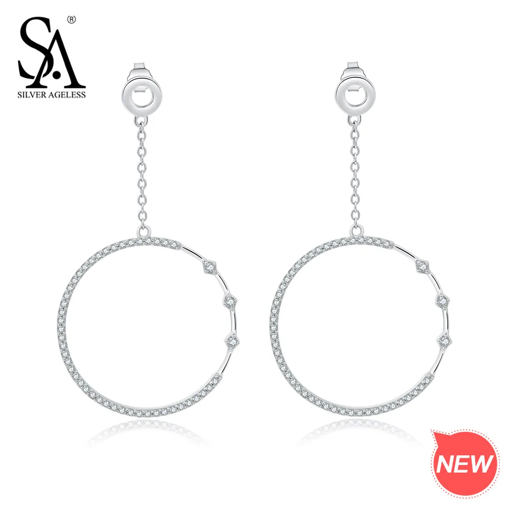 

SILVER AGELESS 925 Sterling Silver High Polished Circle Hoop Earrings AAA Zirconia Long Earrings for Woman 925 Silver Earrings