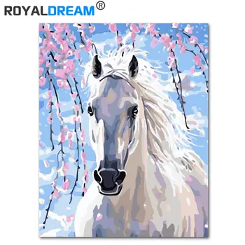 

ROYALDREAM DIY Framed Oil Painting By Numbers White Horse Canvas Painting For Living Room Wall Art Home
