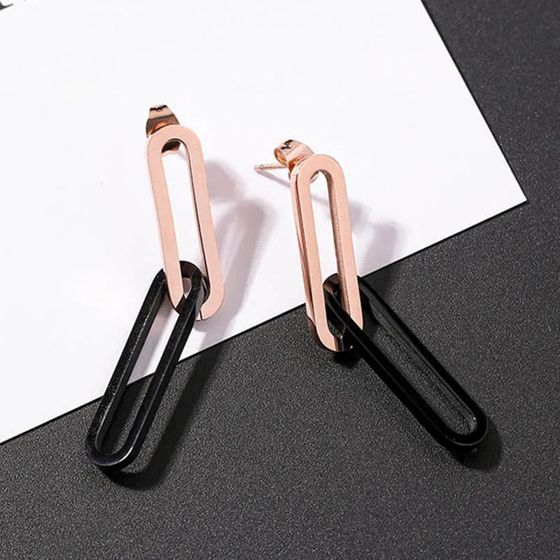 

European and American Sweet Simple Titanium Steel Oval Chain Geometric Long Drop Earrings for Women Fashion Jewelry