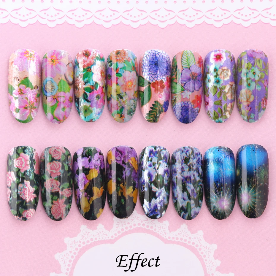 16pcs Colorful Flowers Nail Foils Stickers Adhesive Holographic Transfer Starry Paper Decals Summer Floral Wraps Decor Tip LA795 (3)