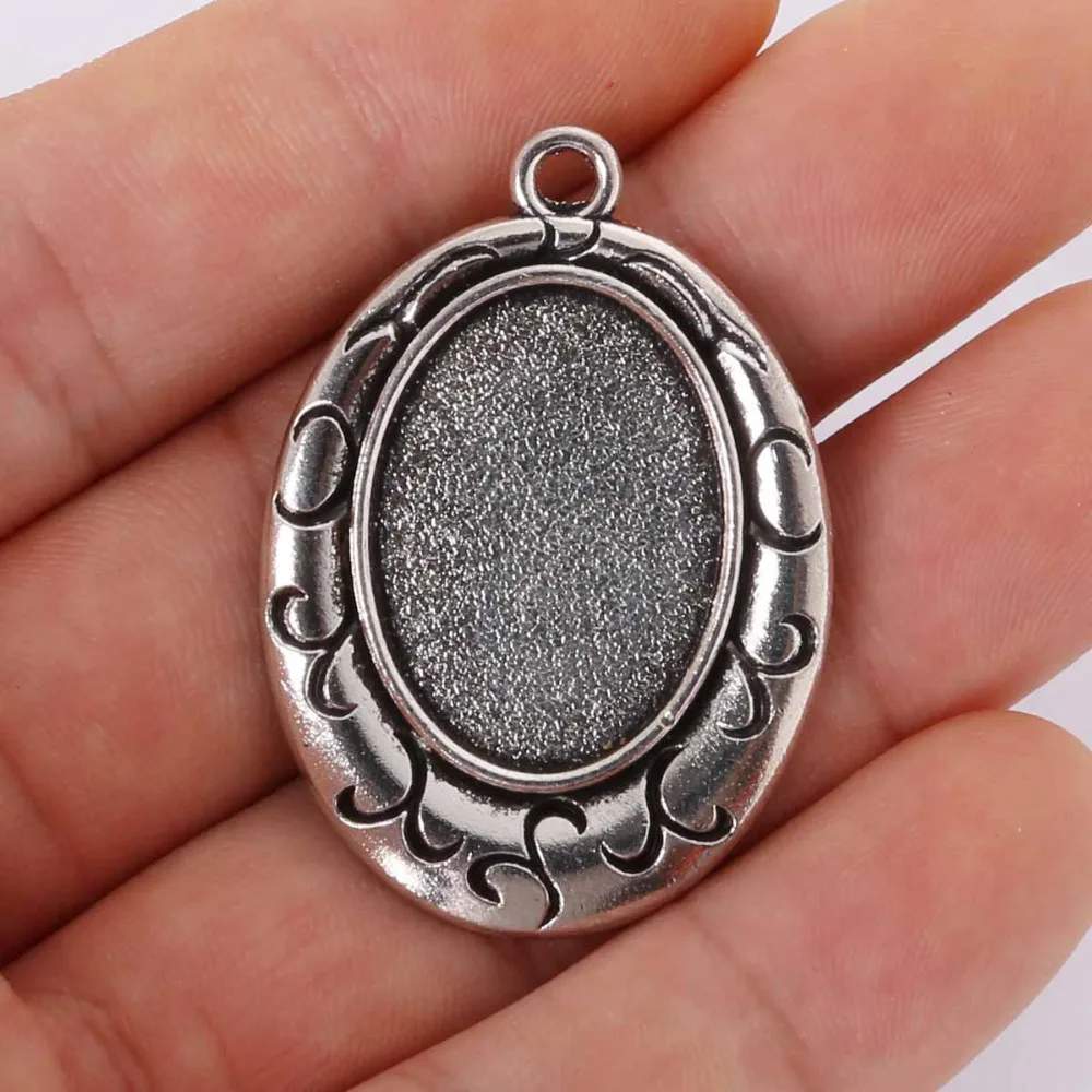 

2Pcs 42x30mm silver plated necklace pendant setting cabochon cameo base Tray bezel blank jewelry findings (Inside size:18x25mm)