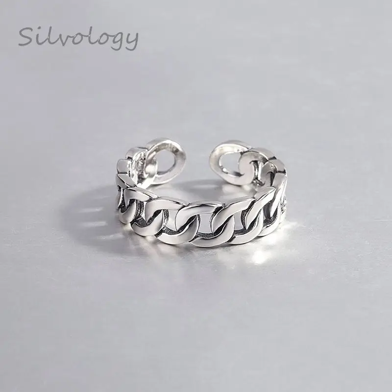 

Silvology Sterling 925 Silver Rough Chain Rings Vintage Art Simple Wild Texture Open Japan Korea Rings For Women Elegant Jewelry
