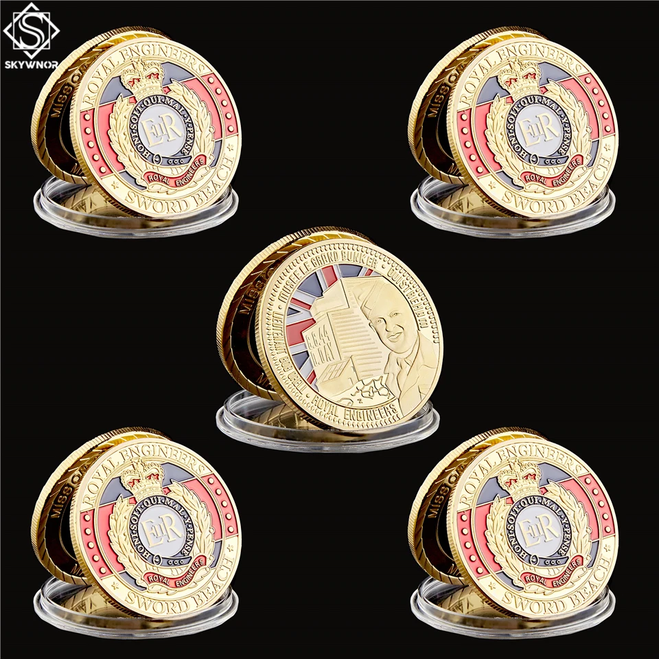 

5PCS WWII France Sword Beach Souvenir Challenge Euro Royal Engineers D-DAY Gold Plated Commemorative Metal Coin Value Collection
