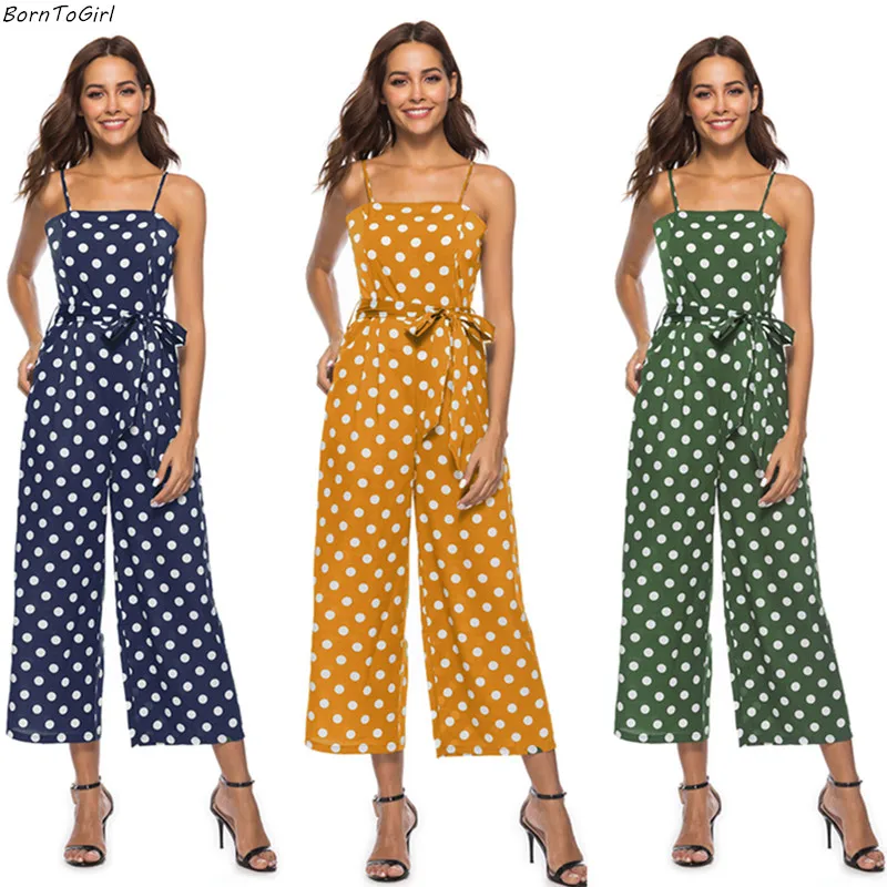 BornToGirl Cotton Linen Jumpsuits Women Summer Sexy Halter Polka Dot