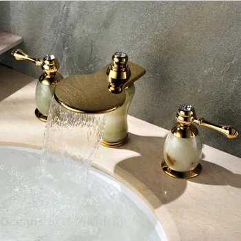 

Waterfall Bathroom Faucet Lavatory Vessel Sink Three Hole Golden Faucet