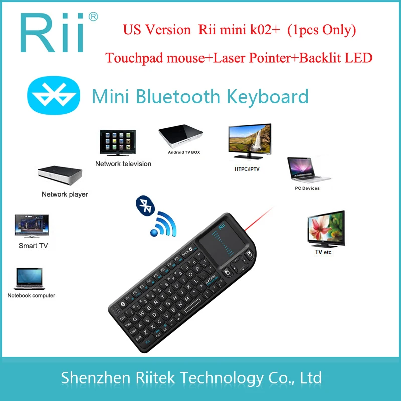 Rii mini K02+ Wireless Bluetooth Keyboard Touchpad mouse Laser Pointer  Backlit LED Combo PC Teclado for Andorid/Smart TV Box