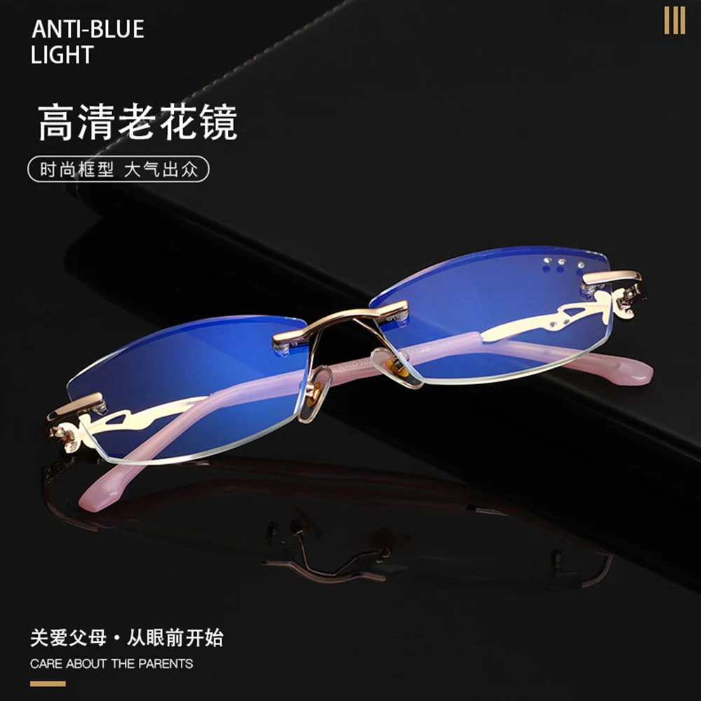 

2019 Limited Luxury Diamond Cut Frameless Anti-blue Light Hd Rimless Women Reading Glasses +0.75 +1.25 +1.5 +2.00 +1.75 To +4