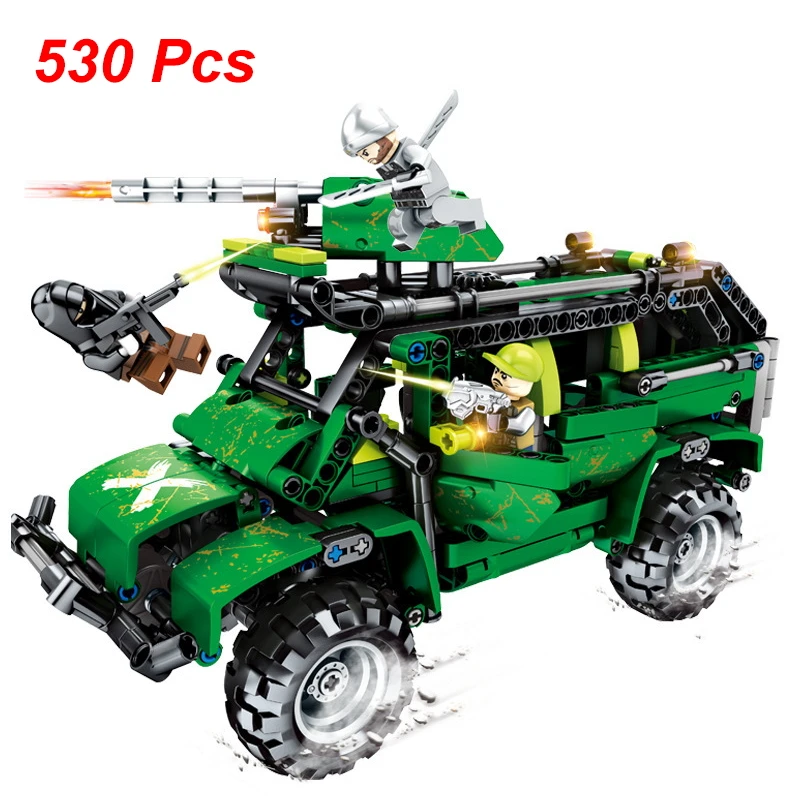 

530Pcs Creative Off-Road Truck Soldiers Pull Back Cars Bricks Building Blocks Model Compatible Legoings Military Armed Force Toy