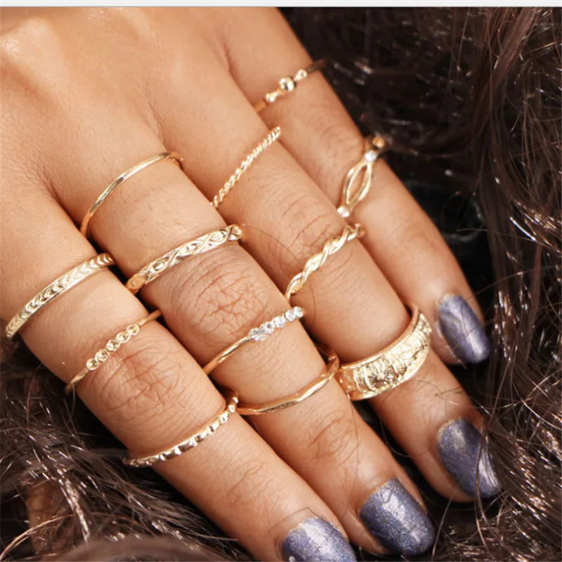 12pcs Golden Ring tiny metal small rings Full finger Exaggerated lady's