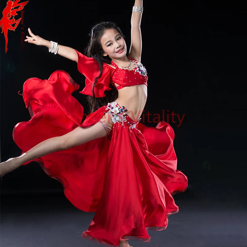 luxury silk dress handmade beaded belly dance costume girl 3 piece set for children internship performance skirt red royal blue |