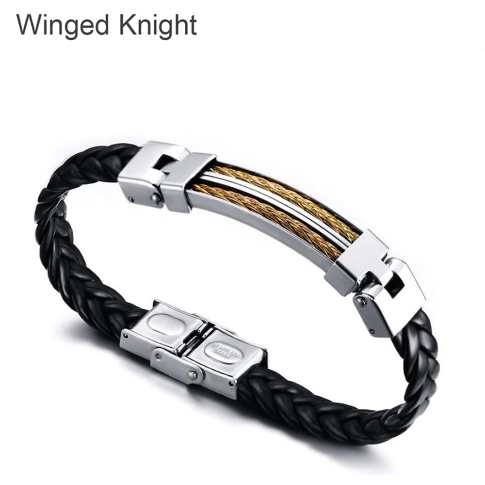 

Man handcuff leather woven bracelet titanium steel metal 2019