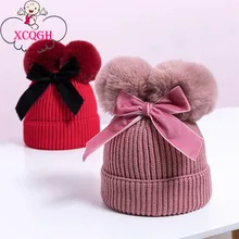 XCQGH, шапка с двойным помпоном и бабочкой для маленьких девочек, осенне-зимняя детская шапочка, теплая шапка для малышей