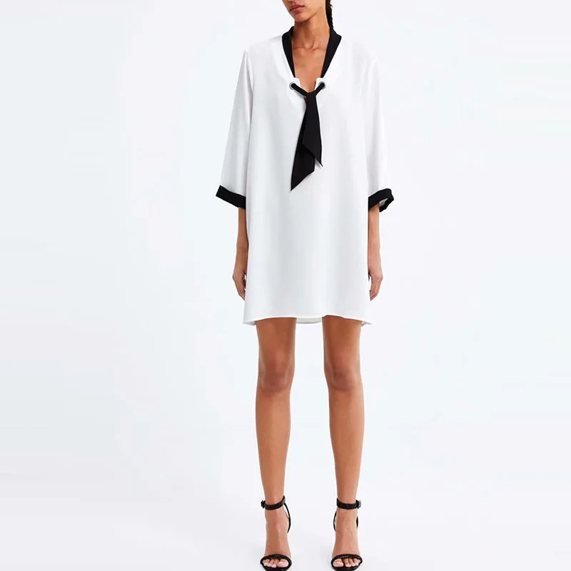 

New 2019 Summer Contrast Color Dress Casual Loose Three Quarter Sleeve Bow Straight Knee Length Preppy Style Dress XZ1928