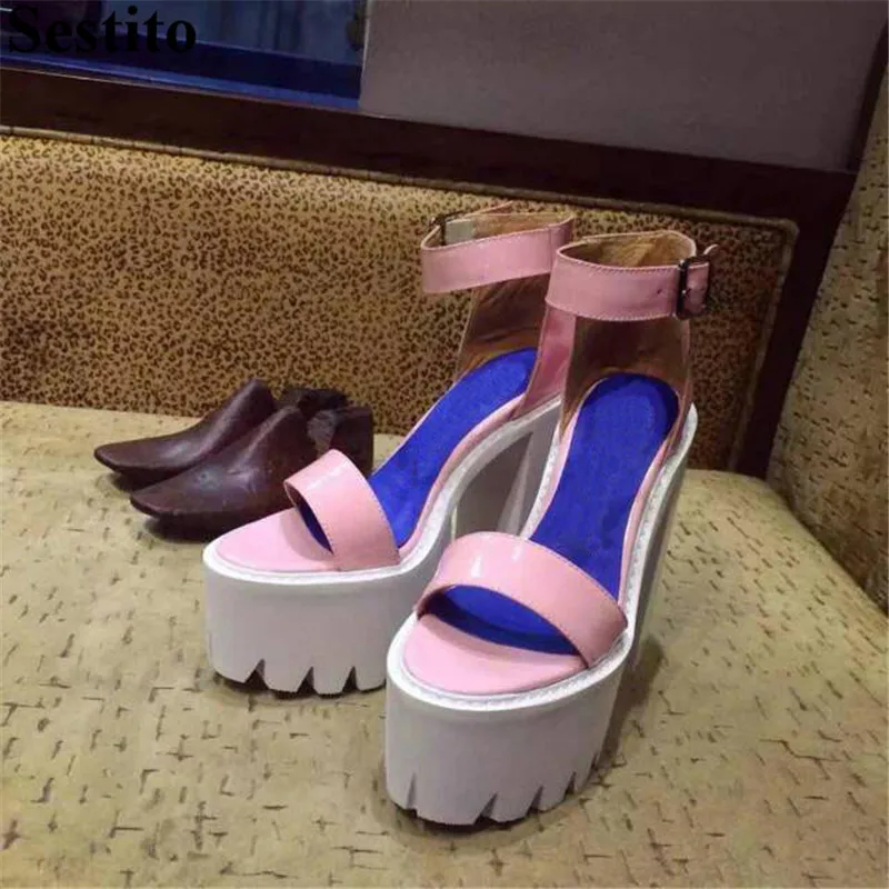 

Europe Fashion PU New Sandals Summer Casual Shoes Peep Toe Hoof Heels Platform Women Sandals Buckle Strap Cover Heel Women Shoes