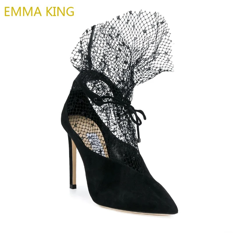

Luxury Pointed Toe V Shape Vamp Elegant Women Pumps Ankle Lace Up Shoes WomanThin High Heel Mesh Sandals Trendy Heels Ladies