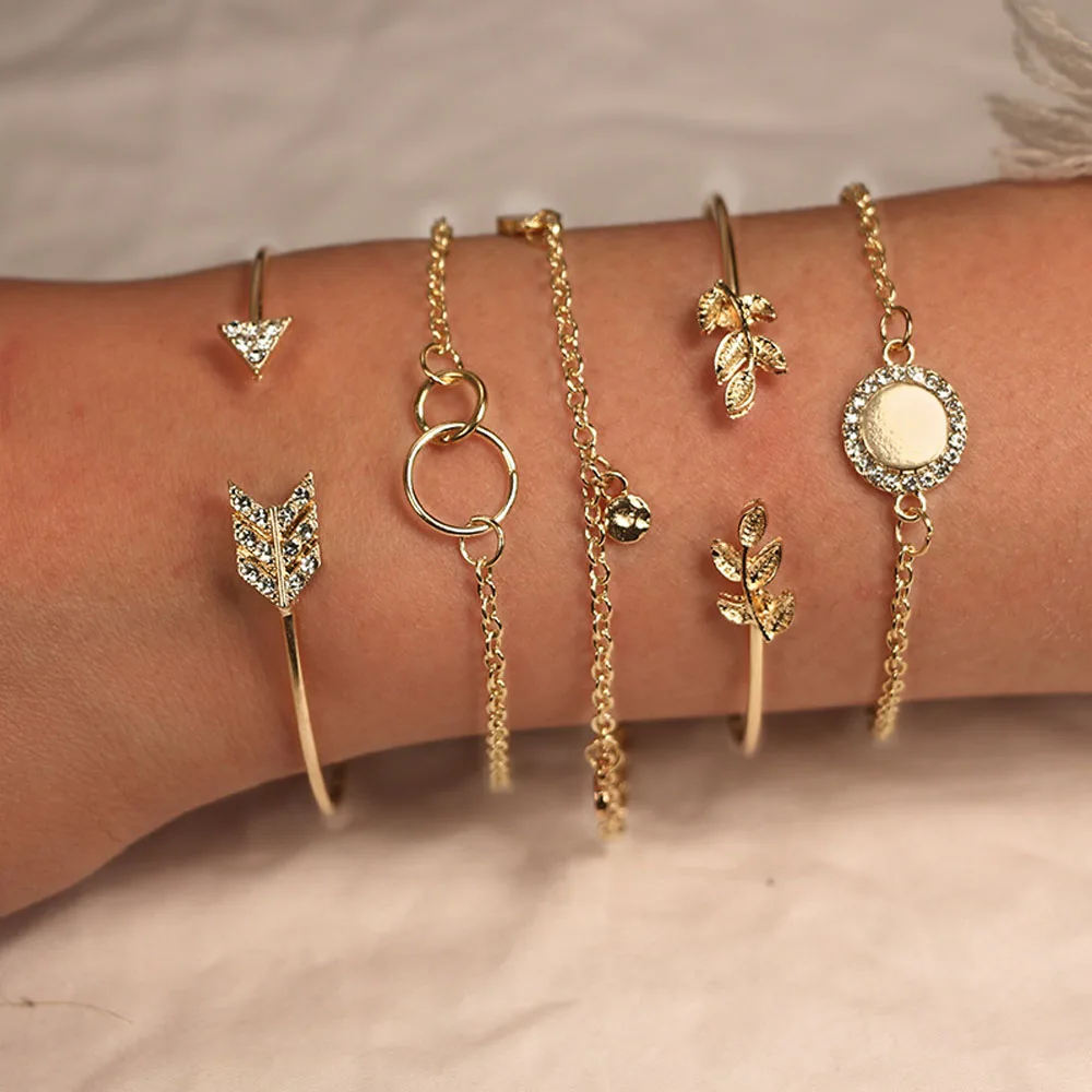 

Leaves Pattern Bracelet Fashion Arrow Simple Round Bracelet set Gold Color Chain Link Bracelet Party Wedding Accessories