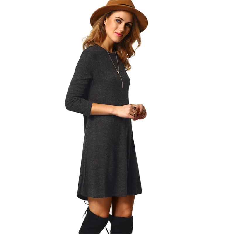 Sheinside Повседневный однотонный минималистичный свитер прямое платье женское осеннее серое нижнее платье женское базовое ТРАПЕЦИЕВИДНОЕ мини-платье - Цвет: Темно-серый