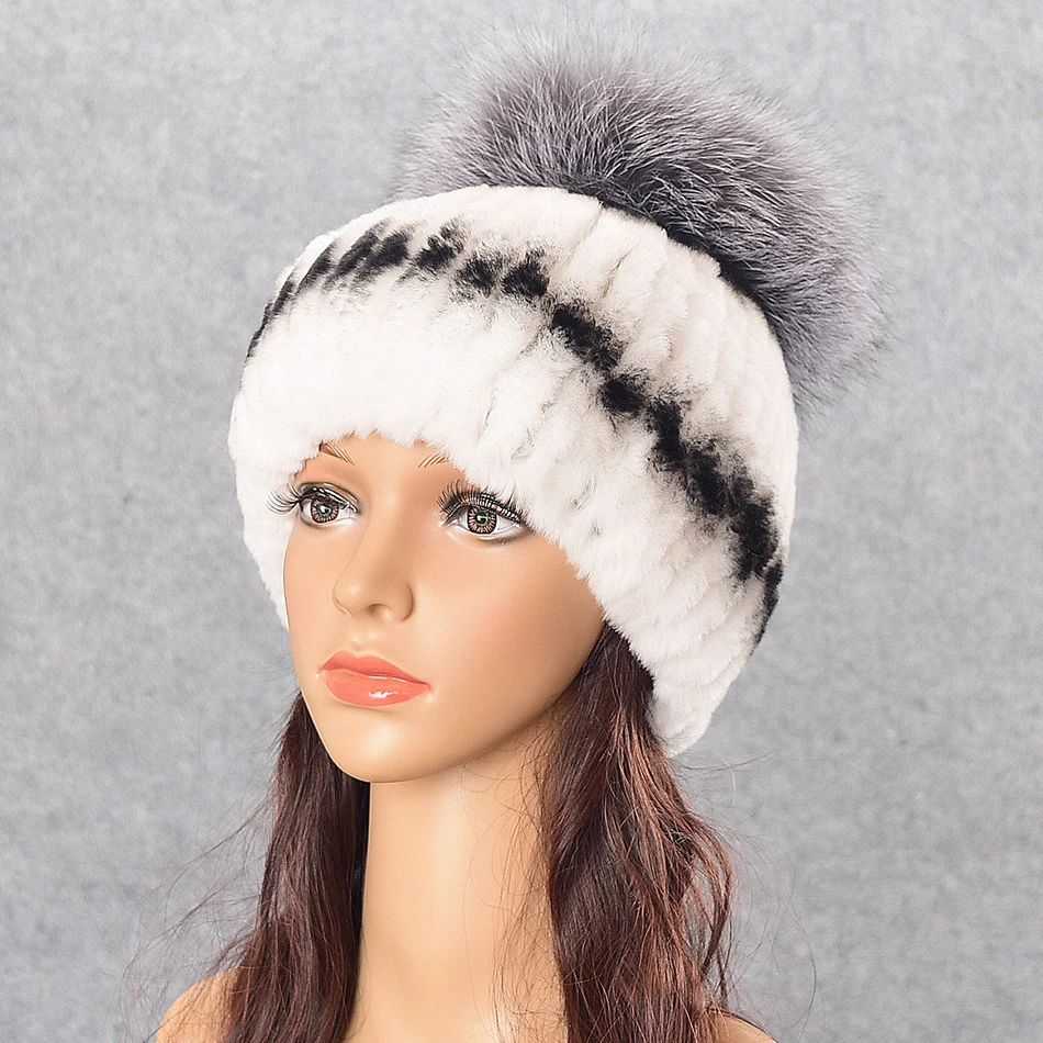Genuine Rex Rabbit Fur Women's Hats Beanie Striped Head Top Flower