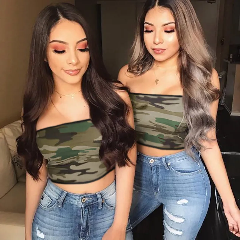 Women Camouflage Printed Strapless Bustier Crop Top Bodycon Bandeau Stretch Camisole Tank Tube Tops