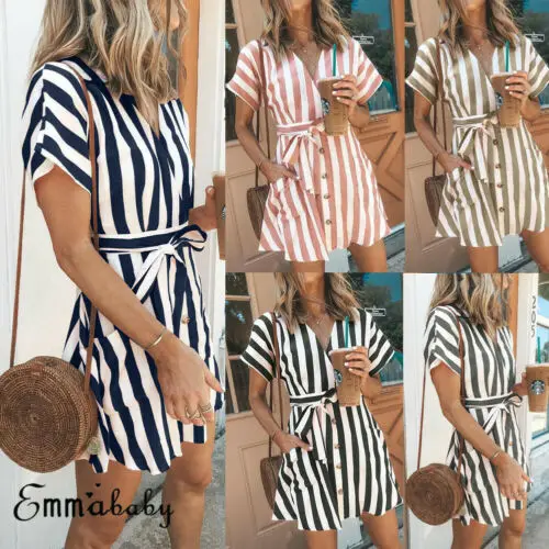 UK Women Short Sleeve Wrap Boho Stripe Mini Dress Ladies Summer Sundress Holiday