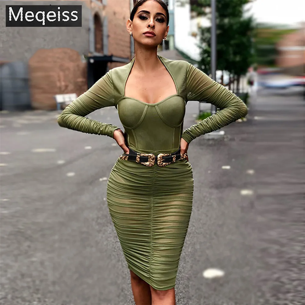 

MEQEISS New Winter Bodycon Bandage Dress Vestido Elegant Long Sleeve Lace Hollow Out Midi Runway Club Celebrity Party Dresses
