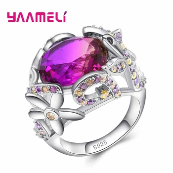 

Romantic Carat Fushia CZ Crystal with Flower Design Rings 925 Sterling Silver Cubic Zircon Jewelry for Women Engagement
