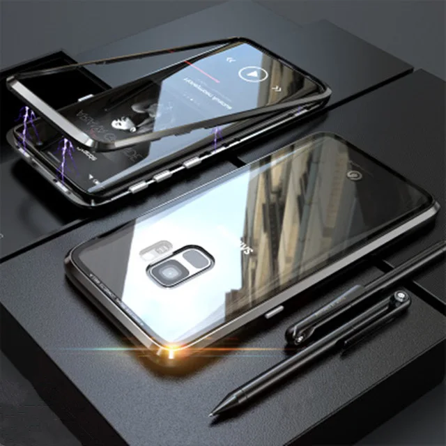 Aluminum Metal Magnetic Adsorption Flip Phone Case For Samsung Galaxy S8 S9 Plus S7 Edge Note 8 Magnet Alloy Frame Back Cover - Цвет: Black clear