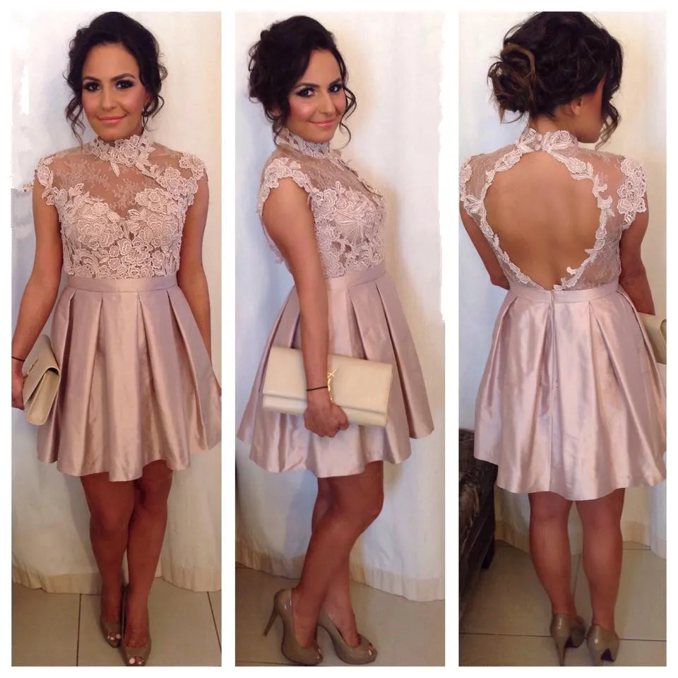 

Backless 2019 Elegant Cocktail Dresses A-line Cap Sleeves Short Mini Appliques Lace Party Plus Size Homecoming Dresses