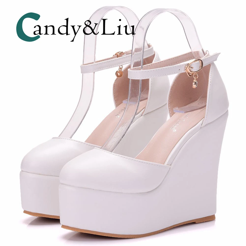 

Large Size White Women Sandals Round Toe Wedges with Platform Ankle Strap Super High Heel for Party Banquet Evening Dress