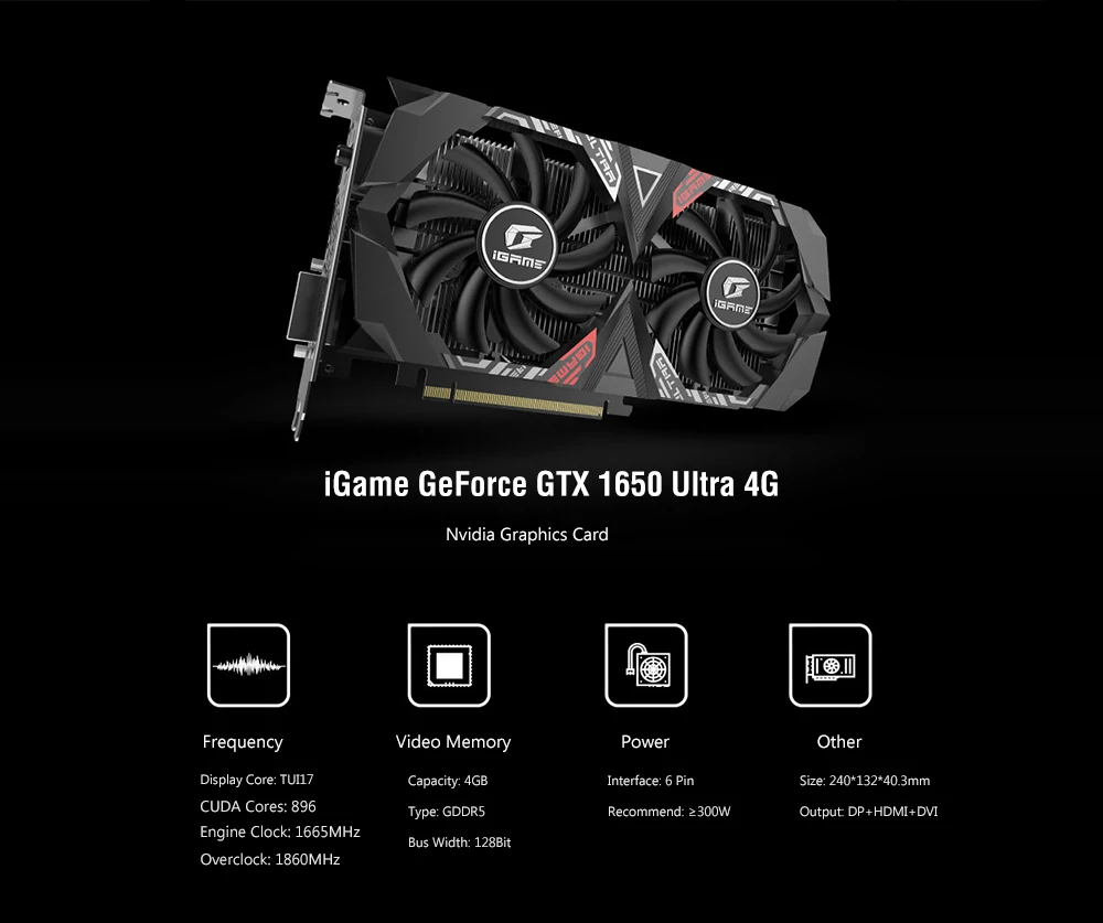 Красочная видеокарта iGame GeForce GTX 1650 Ultra 4G Nvidia 1485 МГц GDDR5 4 Гб CUDA Cores 896 DP HDMI DVI